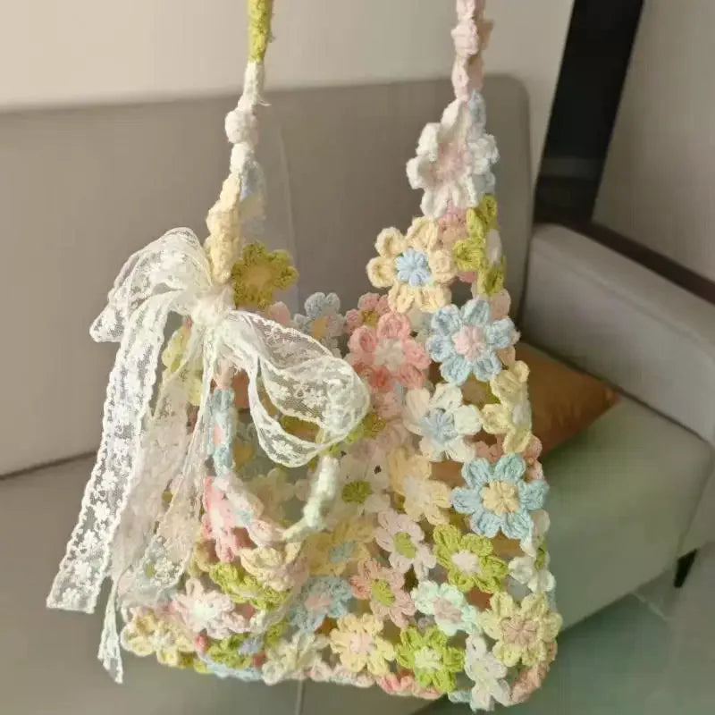Hand Woven Bag Crochet Diy Material Bag Inner Lining Material Bag Summer Garden Flower Bag Flower Wool Hand-woven Bag Crochet